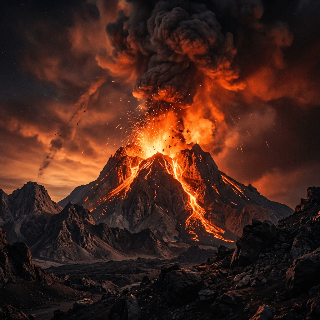 Volcano erupting with flowing lava and dark smoke plumes
