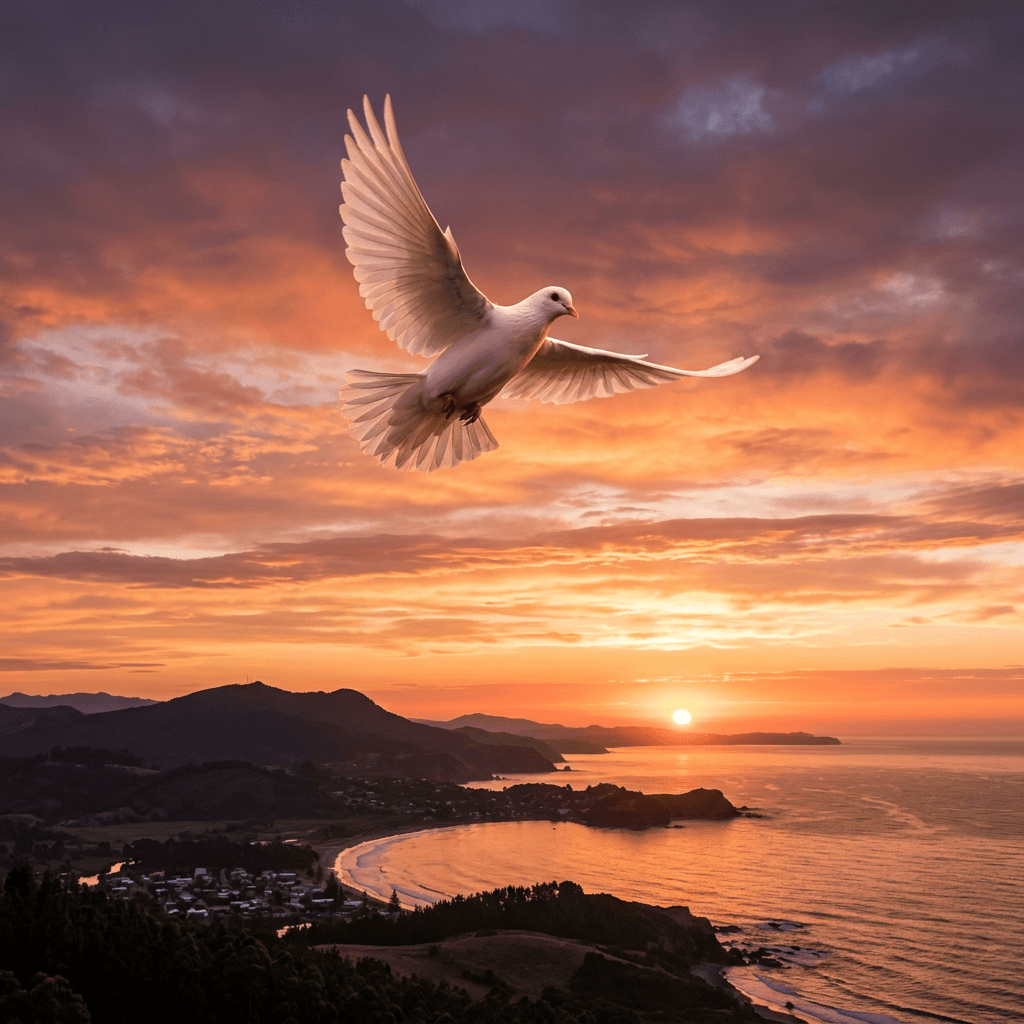White dove in flight over a coastline during sunset with orange sky