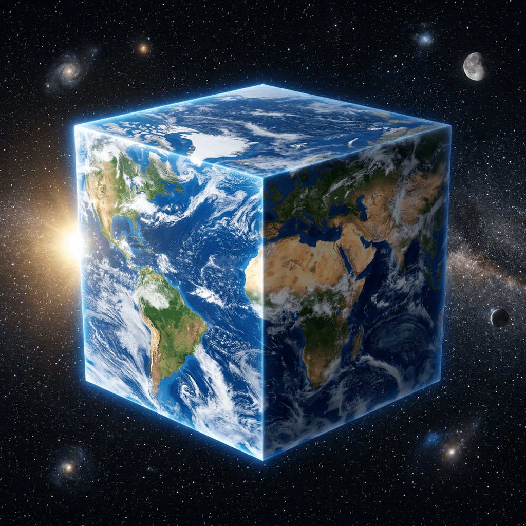 Earth represented as a glowing cube with continents and oceans visible against a backdrop of stars and planets